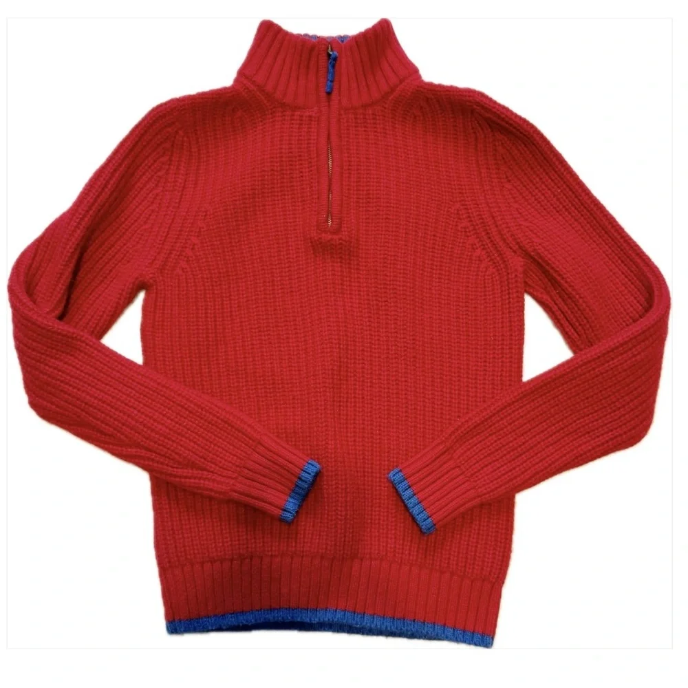 Mini Boden Wool Red Sweater with Quarter-Zip and Blue Accents Size 11-12